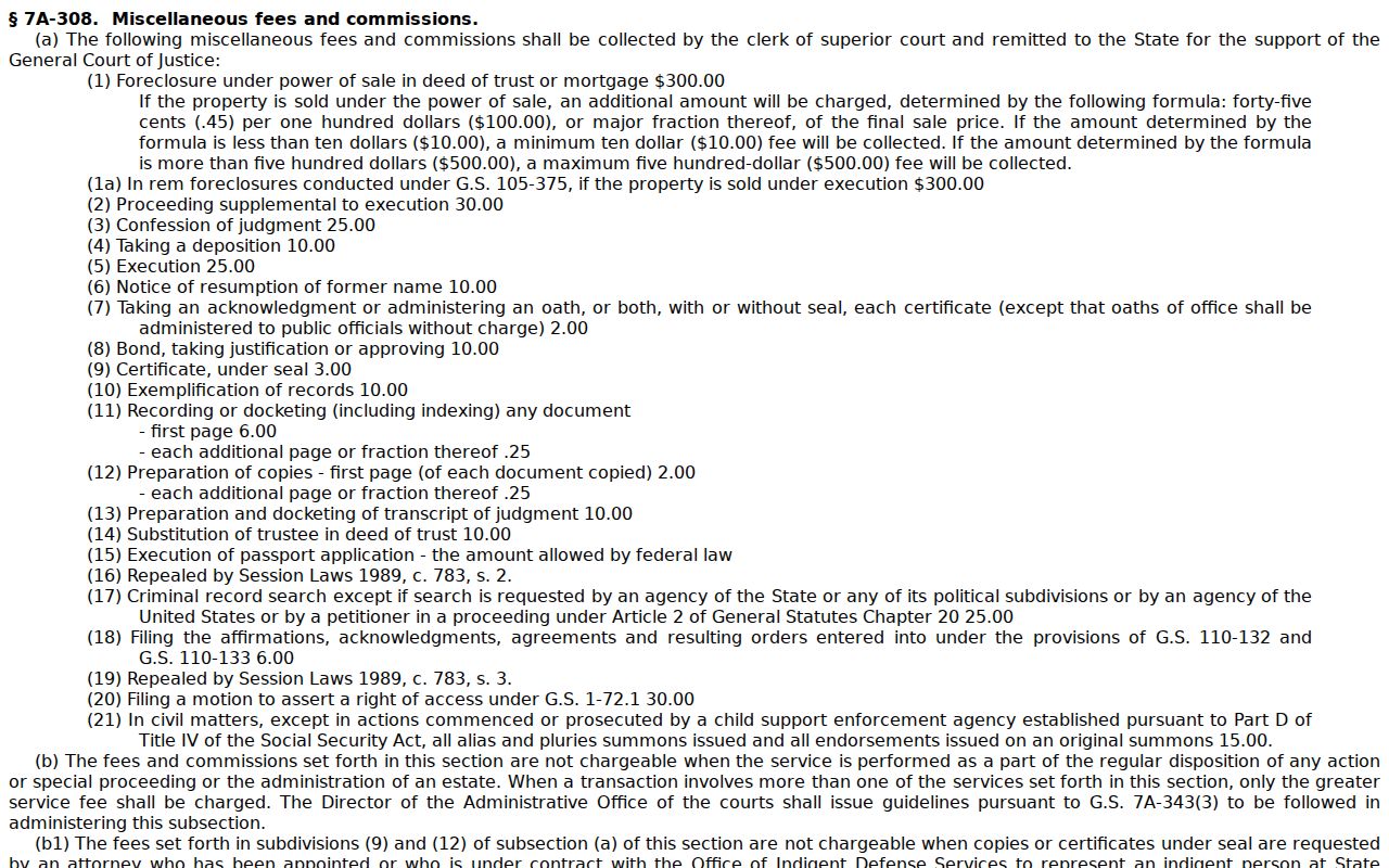 Granville County court records clerk copy and certification fees